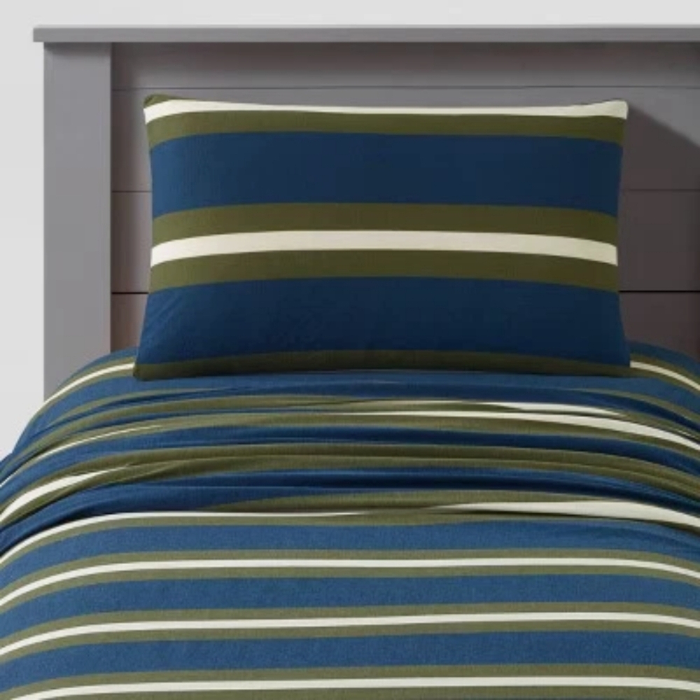 Makers Collective NWT Full Rugby Stripe Jersey Sheet Set In Blue/Green